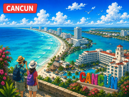 Vista de playa turquesa en Cancún, México
