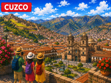 Vista panorámica de Cusco con la Plaza de Armas y la Catedral