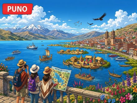 Vista del Lago Titicaca en Puno con los Uros